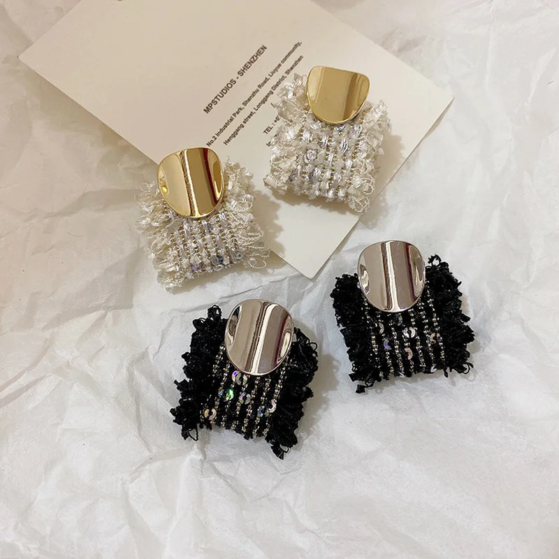 

LOVOACC Classic 2 Designs Bling Sequined White Black Color Irregular Square Cotton Pendant Earrings for Women Ladies Accessories