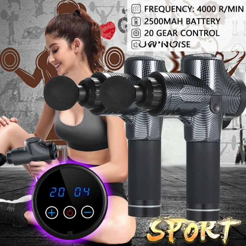 20 Gears Massage Gun Percussion Massager LCD Touch Muscle Relaxing Sports Fascia Recovery Fascia Gun +4/6Heads+Storage Box HOT