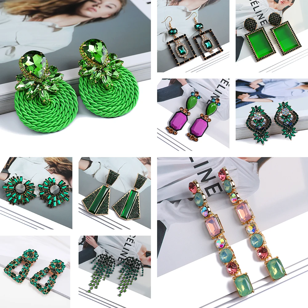 

Green Fashion Jewelry Dangle Earrings For Women Luxury Design Ear Accessories Flower Cross Geometric Crystal Cotton Pendientes