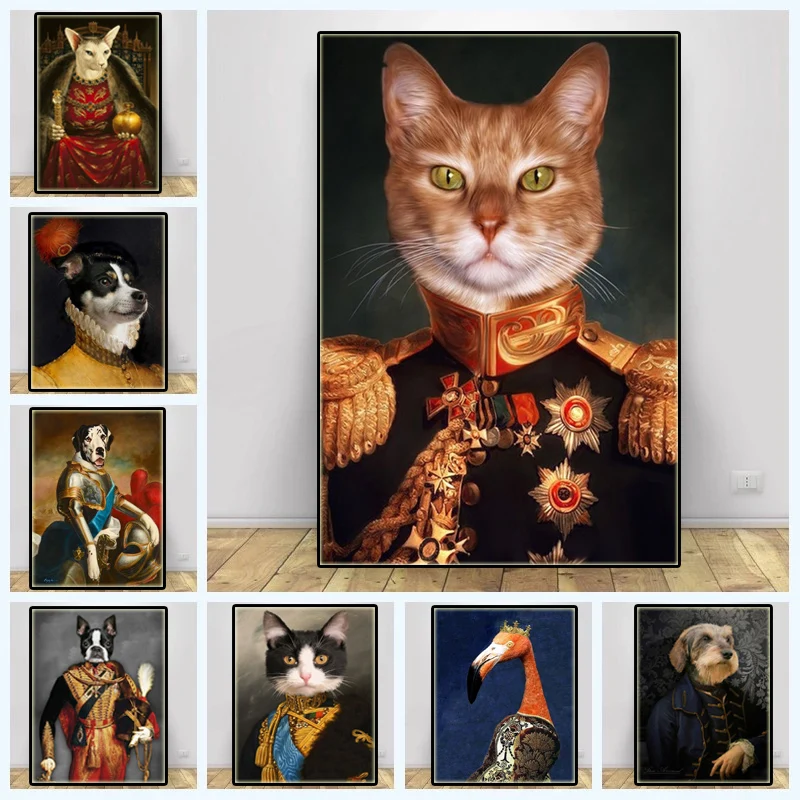 

Vintage Animal Head Human Body Canvas Painting Nordic Deer Cat Dog Portrait Posters Print Wall Art Picture for Room Home Decor