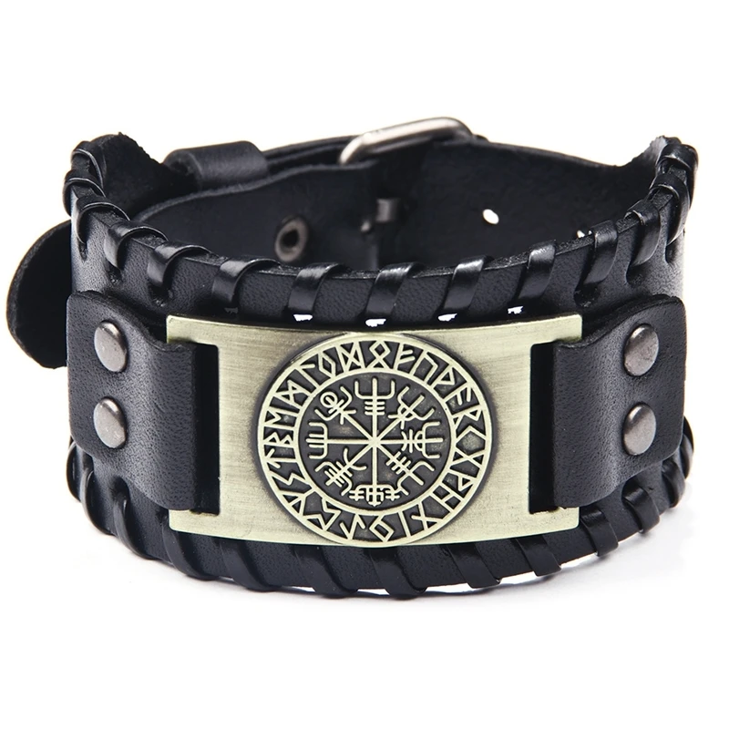 

Vintage Men's Wide Leather Pirate Compass Bracelet Jewelry