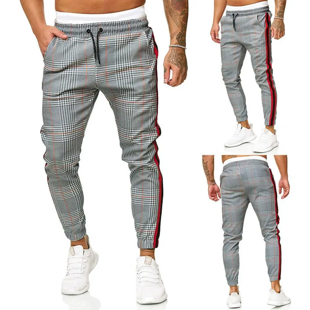 

2021 new High quality Casual Men Skinny Pants Plaid Side Stripes Drawstring Ankle Tied Skinny Trousers for Sports drop shipping