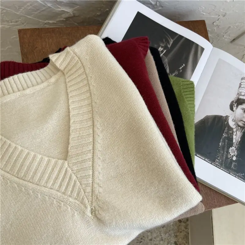 

Sweater Vest Solid Sweet Color V-Neck Sleeveless Korean Style Comfortable Knitting Leisure All-match Feminina Basic Female Tops