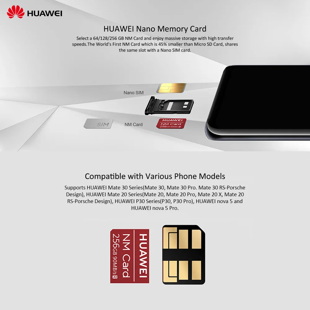 Оригинальная карта памяти Huawei NM 64 ГБ/128 ГБ/256 ГБ 90 МБ/с. для Mate 30 Pro RS P30 20 X Nova