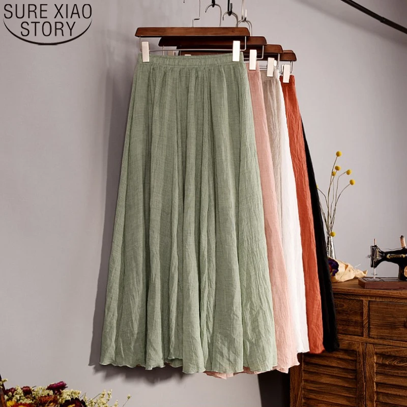 Женская длинная юбка из хлопка и льна весна лето эластичная талия винтажные