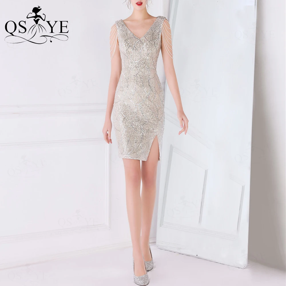 

Silver Sequin Evening Dresses Sheath Short Prom Gown V Neck Beading Cap Sleeves Party Formal Dress Backless Fit Women Gown Chic