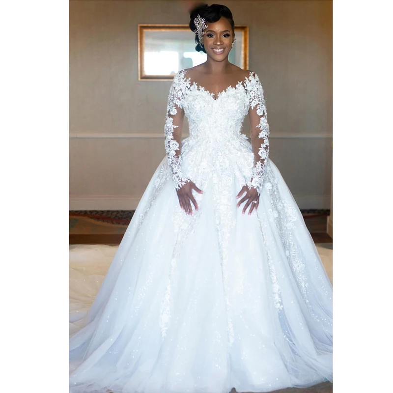 

2020 трапециевидные Свадебные платья с длинным рукавом и блестками, Аппликации, свадебные платья в страну, нигерийское свадебное платье