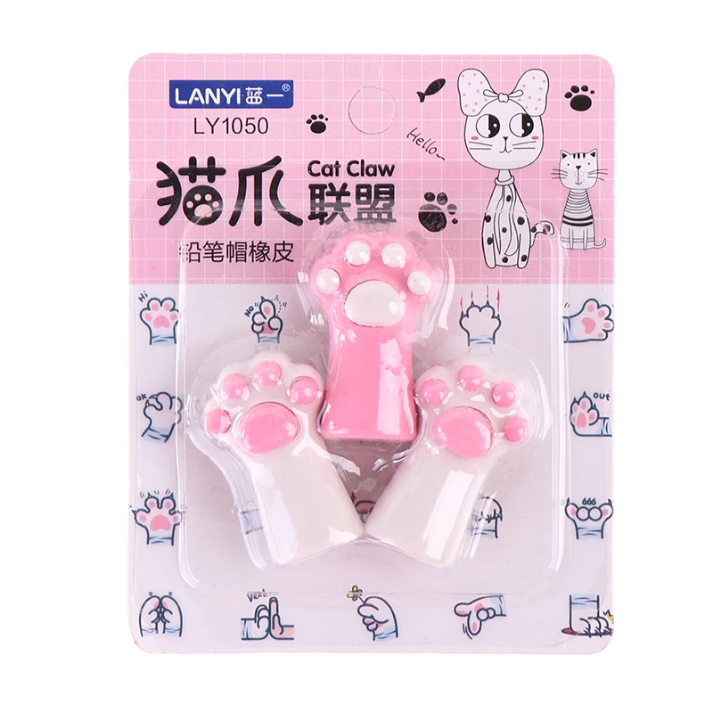 

3pcs/set Cute Cat Paw Erasers Kawaii Stationery Pencil Cap Rubber Earser Kids Toys Correction Tools Pen Topper School Supplies