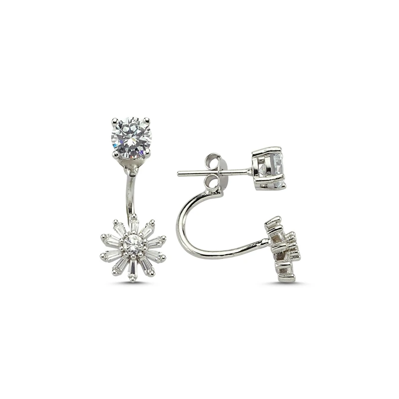 

Silver 925 Sterling Baget & Zircon Crystal Dual Earrings