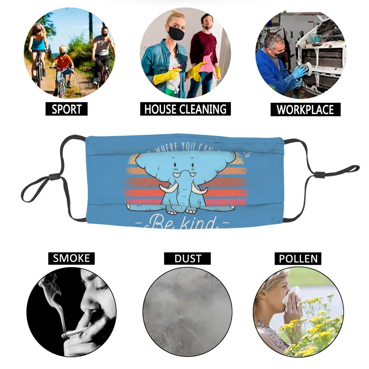

Cute Be Kind Elephant Washable Mouth Face Mask Adult Unisex Wild Animal Dustproof Mask Protection Cover Respirator