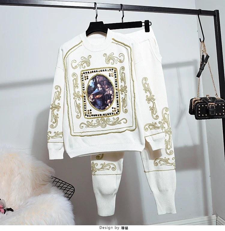 Мода, Осень-зима, Женский комплект 2 шт. вязаный свитер с вышивкой, топы+ Повседневные вязаные штаны-шаровары, Женский комплект из двух предметов