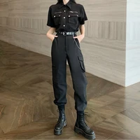high quality summer two piece women sets female clothing outfit 2022 shirthigh waist pantsbelt with chain night club overalls