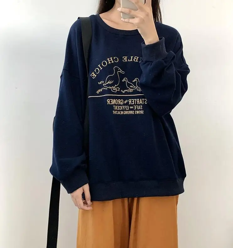 

round neck pullover sweatshirt women Cute duck plus velvet warm embroidery