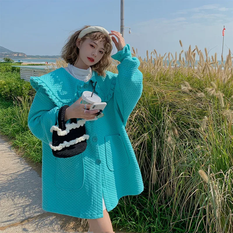 

Модные милые топы для девушек карамельных цветов с рисунком ананаса, решетчатая окантовка с кукольным воротником, пальто с длинным рукавом