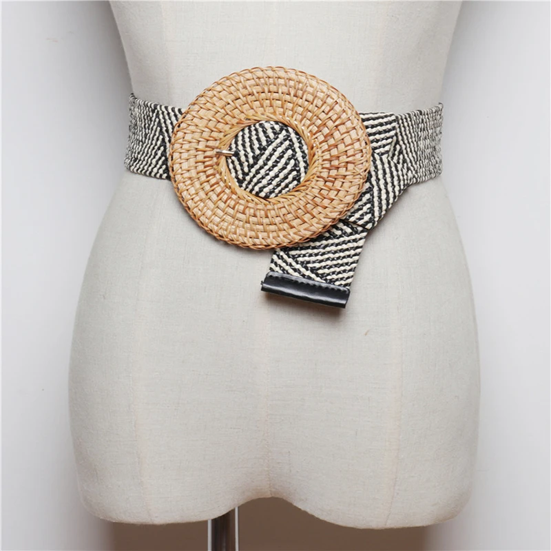Vintage Boho Braided Waist Belt Wooden Buckle Dress Belt for Women Casual Female Braided Wide Strap  Girls Elastic PP Straw Belt