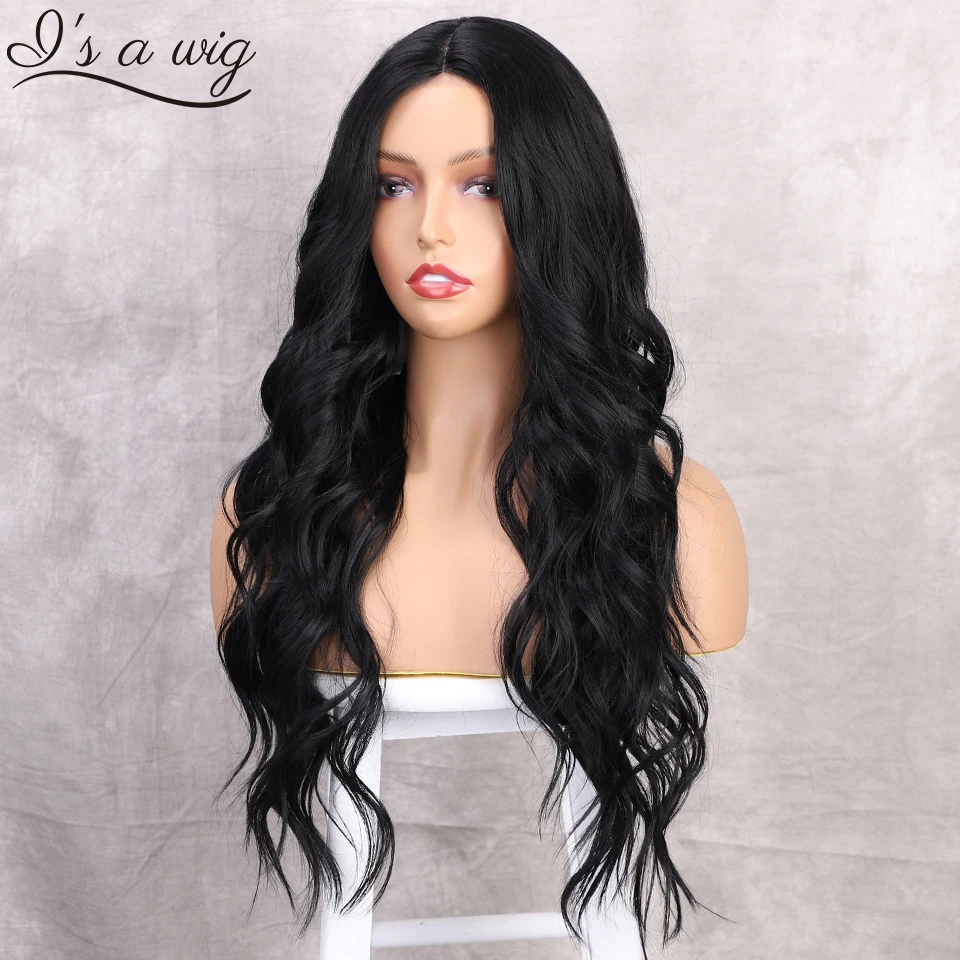 

I's a wig Synthetic Natural Wave Wigs Long Black Wigs for Black Women Middle Part Looking Female Daily Party Hair