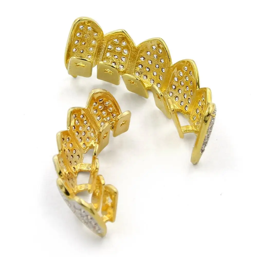 

Men Teeth Grillz Hip Hop Gold Teeth Top Bottom Micro Pave CZ Stone Vampire Teeth Set Cosplay Party Body Jewelry Women Gift
