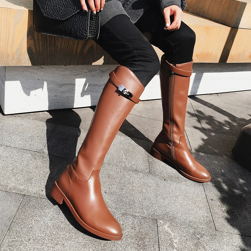 Grace2021 Flat Bottomed Small Long Women's Knee Length Half Height Boots Net Red Knights' and Plush Leather Brown High |