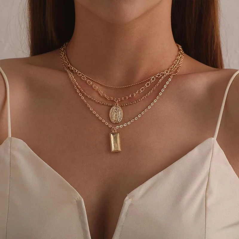 

Geometric Multilayer Pendant Collar Retro Women's Jewelry Gift Golden Necklace Fashion