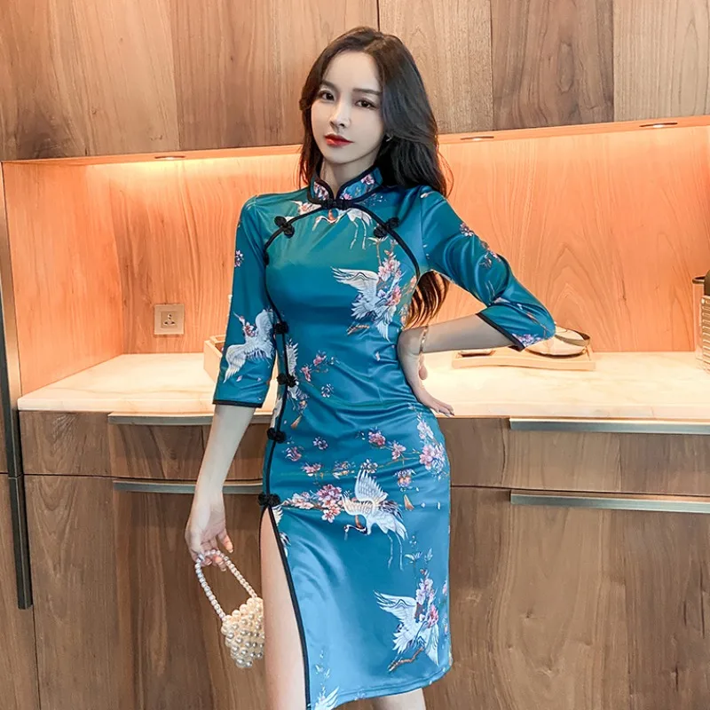 

Vrouwen Traditionele Cheongsam Retro Print Slim Split Qipao Bodycon Chinese Stijl Elegante Jurk Oosterse Kleding Vintage Vestido