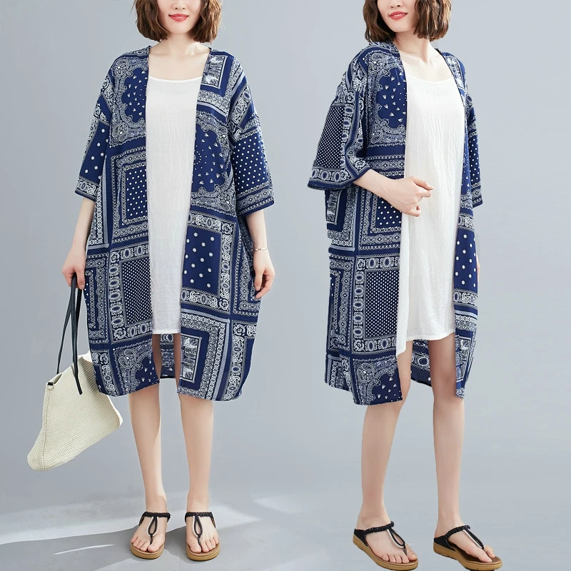 

Summer Casual Jacket Coat Women 2021 Vintage Chiffon Shirts Female Loose Blouses Women's Fashion Sunscreen Printing Top Coats