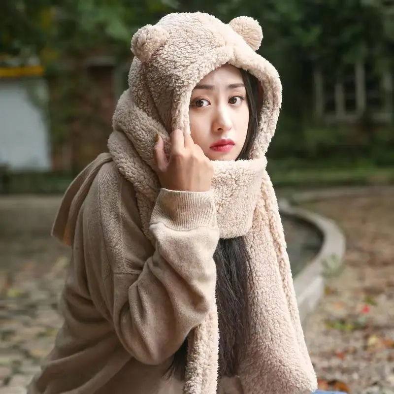 

2021 Fasion Winter Women Novelty Caps Warm Cute Bear Ear Hat Casual Plush Hat Scarf Gloves Set Casual Solid Fleece Women Caps