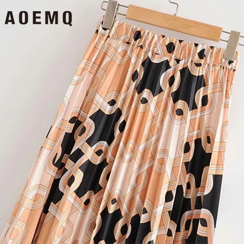 AOEMQ Skirts Women Chiffon Floral Style Beach Skirt Female With Folds High Waist Elasticity Streetwear | Женская одежда