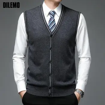 Top Quality New Autum Fashion Brand 6% Wool Cardigan Sweater V Neck Knit Vest Men Solid Trendy Sleeveless Casual Men Clothing 1