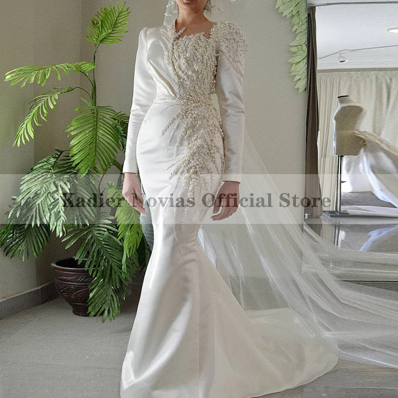 

Kadier Novias Arabic Long Sleeve White Mermaid Wedding Dresses 2022 Pearls Beading Bridal Gown Sweep Train Vestido de Noiva