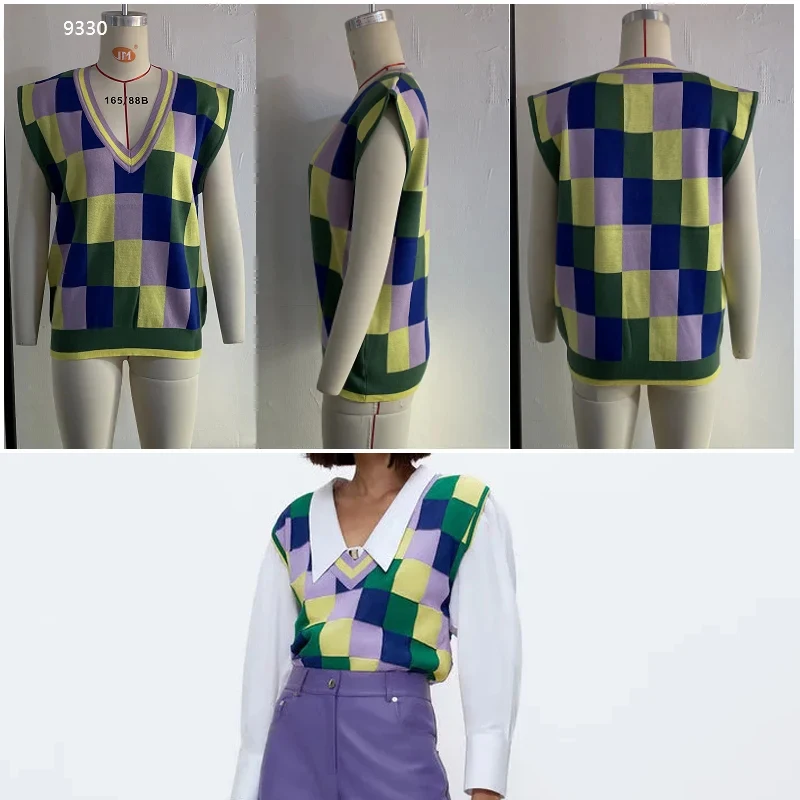

Za 2021 College style Women Plaid Print V Neck Loose Vest Sweaters Elegant Knitted Sleeveless Sweaters Casual Outwear