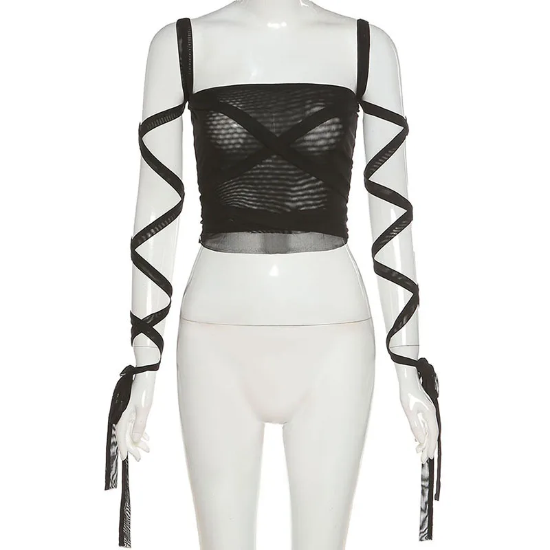 

Gothic Black Mesh Lace Up Bandage Crop Top Fairy Grunge Aesthetic Clothes Cyber Y2k Mall Goth Tanks Sexy Clothing 2021