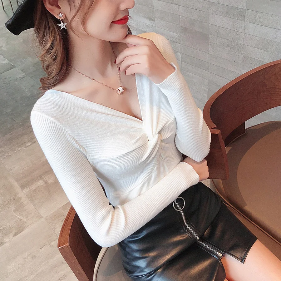 

BoozRey Korean Style Women's Jumper Knitted Sweater V-neck New Korean Style Slim-fit All-match Lady-style Pullover Sweater