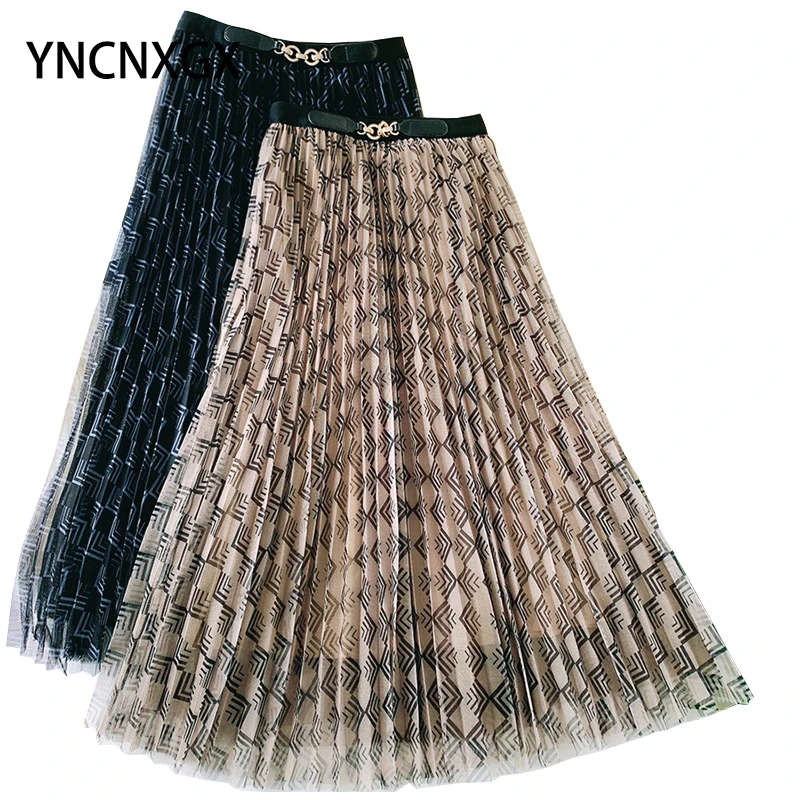 

Women's Skirt High-waisted Mini Skirts Long Midi Skirt Retro Temperament Mesh Skirt Lattice Pleated Dress French Grace