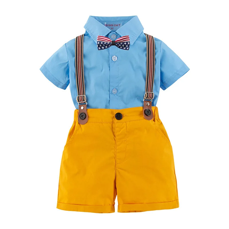 

Cartoon Pattern Print Set Infant Baby Boys Gentleman Bow Tie T-Shirt Tops+Solid Shorts Overalls Outfits Toddler Boy Clothes #06