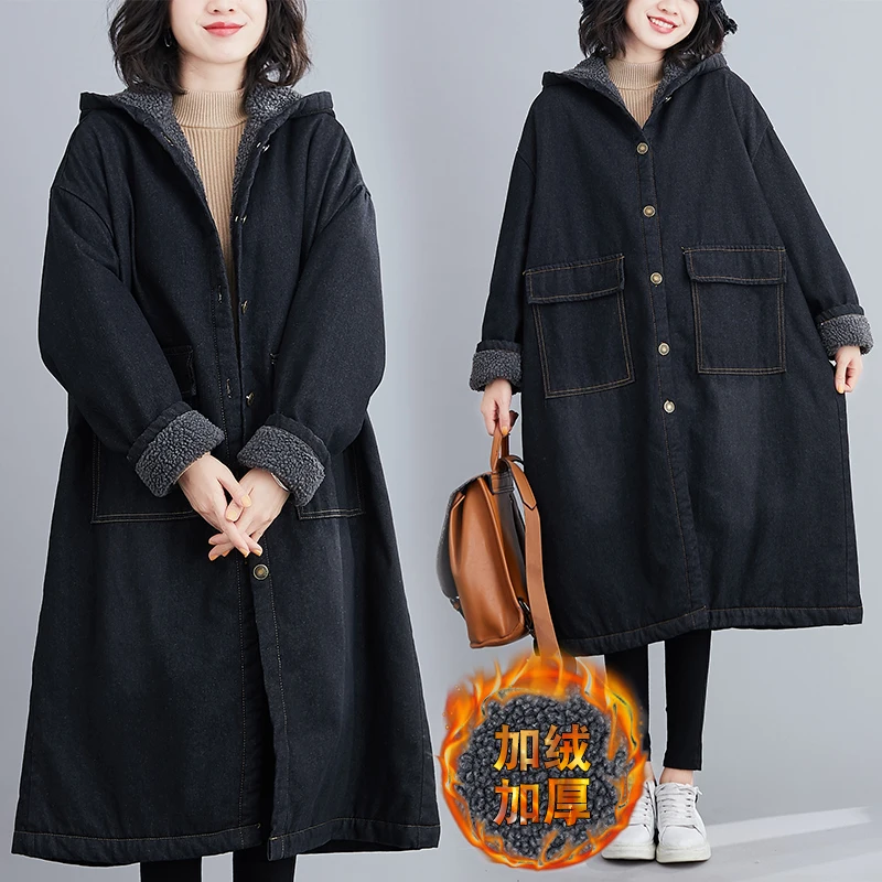 

Plus Size Winter Women's 2020 New Plus Velvet Padded Overcoat Mid-Length Loose Hooded Lamb Wool Denim Jacket Feminine F136