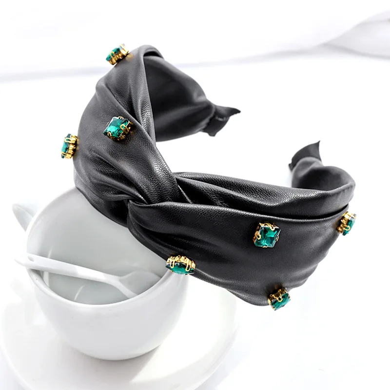 

Shiny Rhinestone PU Leather Cross Hairband Green Big Stone Headbands For Women Hair Band Hoops 2020 Fashion Hair Accessories