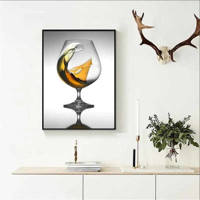 

Modern Creative Water Cup Picture Home Decor Nordic Canvas Painting Yellow Paper Sailboat Art Vivid Wall Poster for Living Room