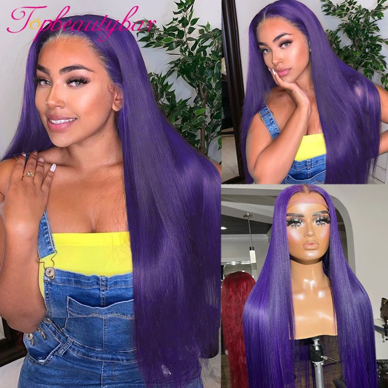 Dark Purple Color Human Hair Wigs Straight 13x4 Lace Front Human Hair Wigs 180% Brazilian Remy Lace Wigs For Women