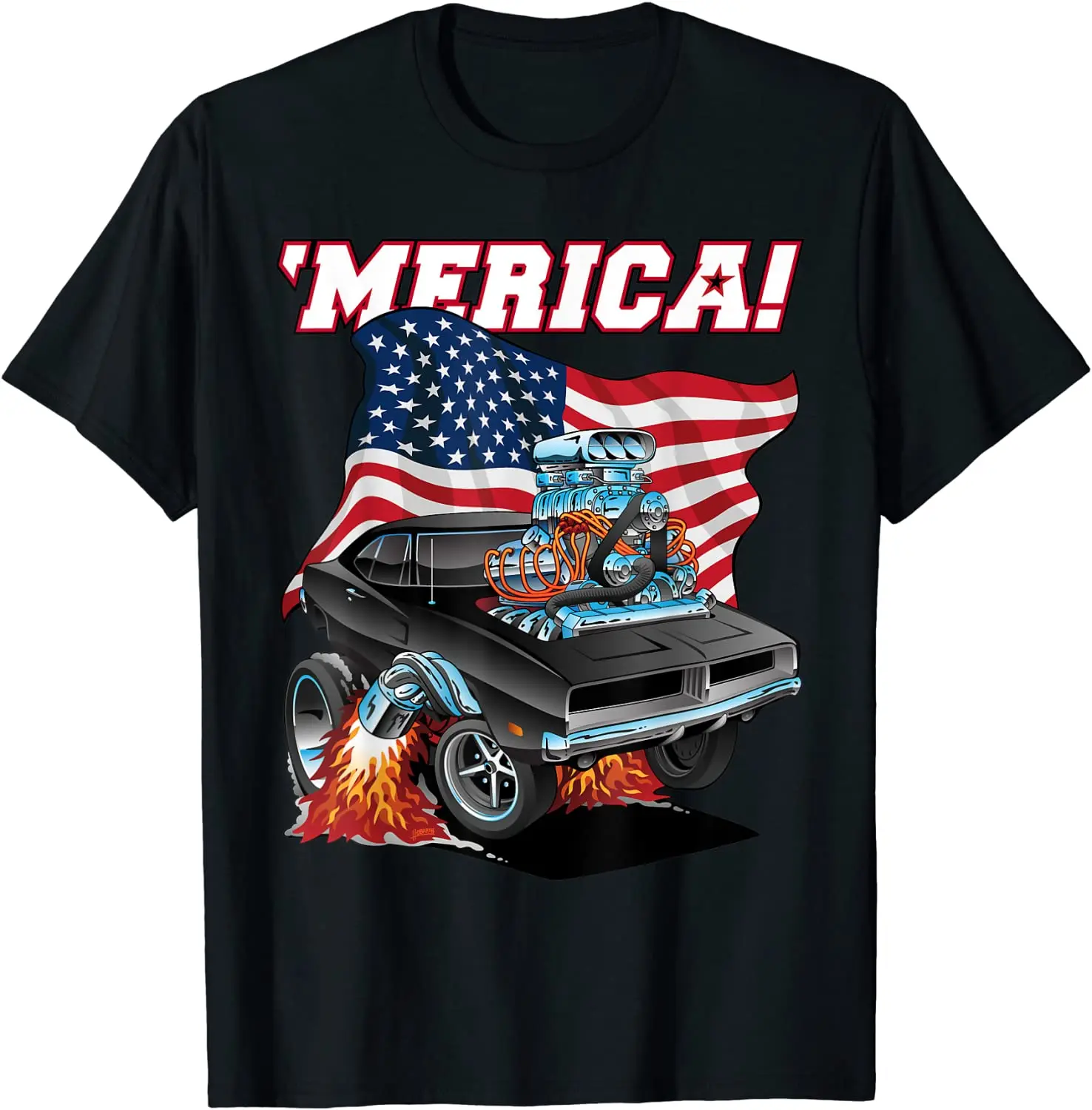

Merica Patriotic Classic Hot Rod Muscle Car USA Flag Cartoon T-Shirt Men's T-shirt
