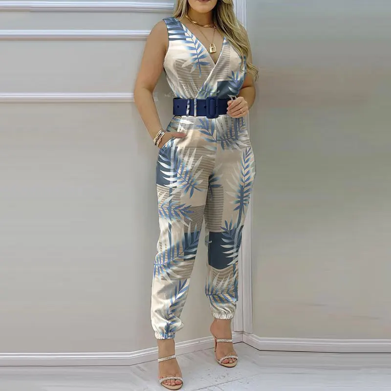 

Spring Summer Women Casual V Neck Workwear Ladies Outfits Tropical Print Sleeveless Pocket Design Backless Jumpsuit Without Belt