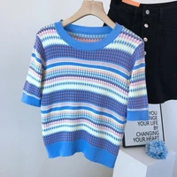 color striped inlaid shiny silk sweater round neck short sleeved thin t shirt all match blouse women blouse short