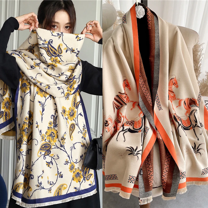 

2021 женская зимняя шаль, роскошный принт, толстое теплое одеяло, хиджаб, шарфы Bufanda, 180*65 см, головной платок