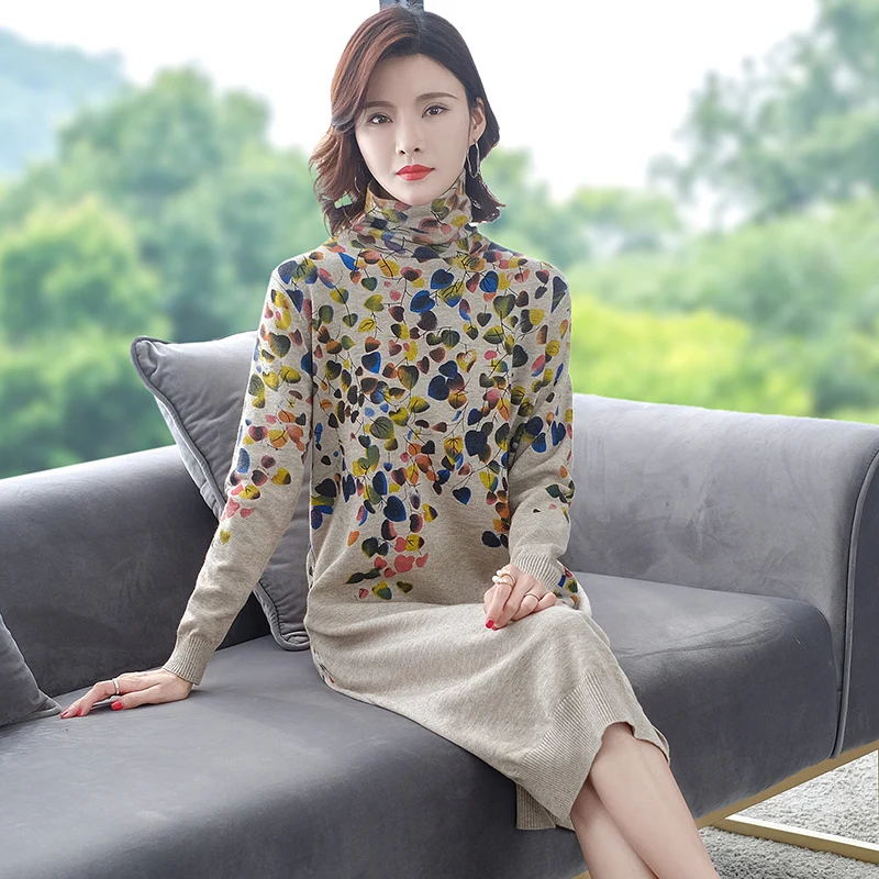 Женское трикотажное платье-свитер свободное платье-водолазка с цветочным