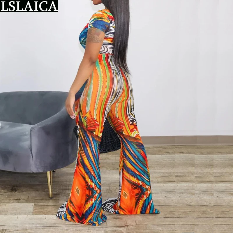 

Two Piece Outfits Casual Print Woman Tshirts Short Sleeve Wide Leg Flare Pants Set Summer Tracksuit Ensemble Femme 2 Pieces
