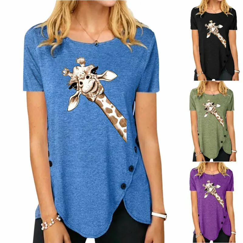 

Women T-Shirt Irregular Button Short Sleeve Round Neck Lady Printed Casual Tops