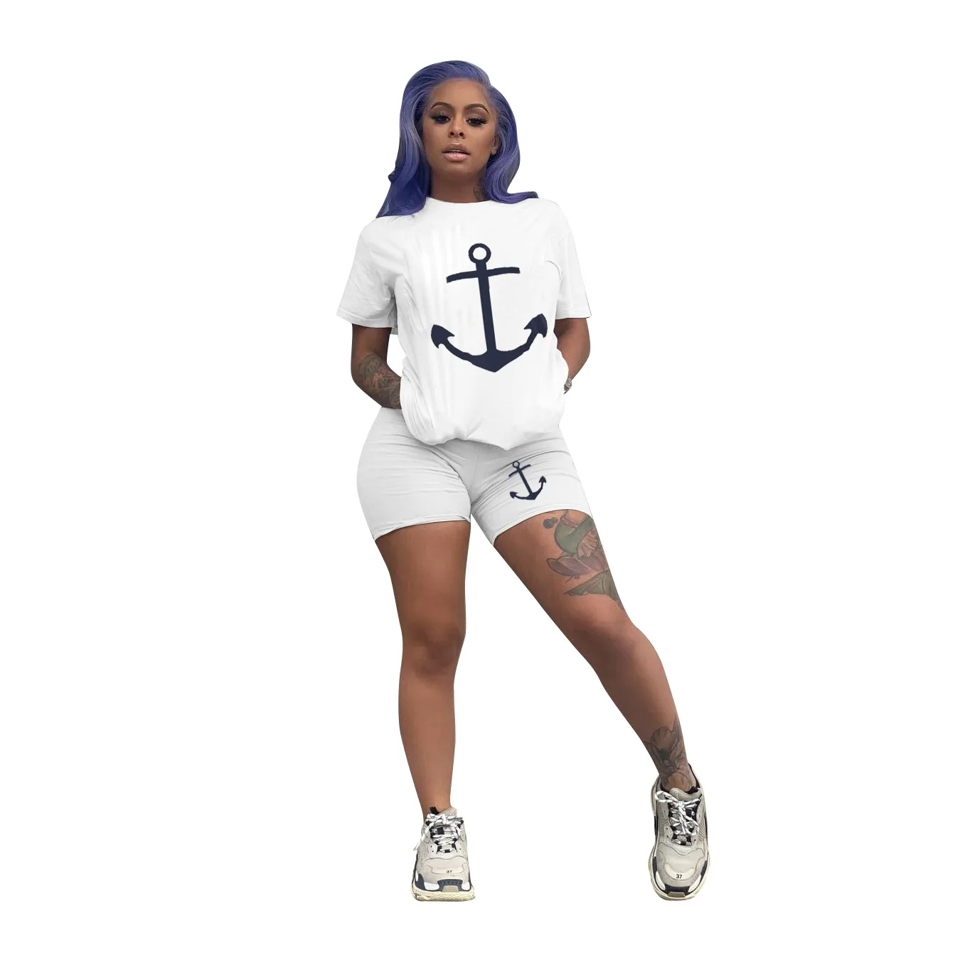 

European and American women's fashion casual solid color anchor print short sleeve shorts two-piece suit