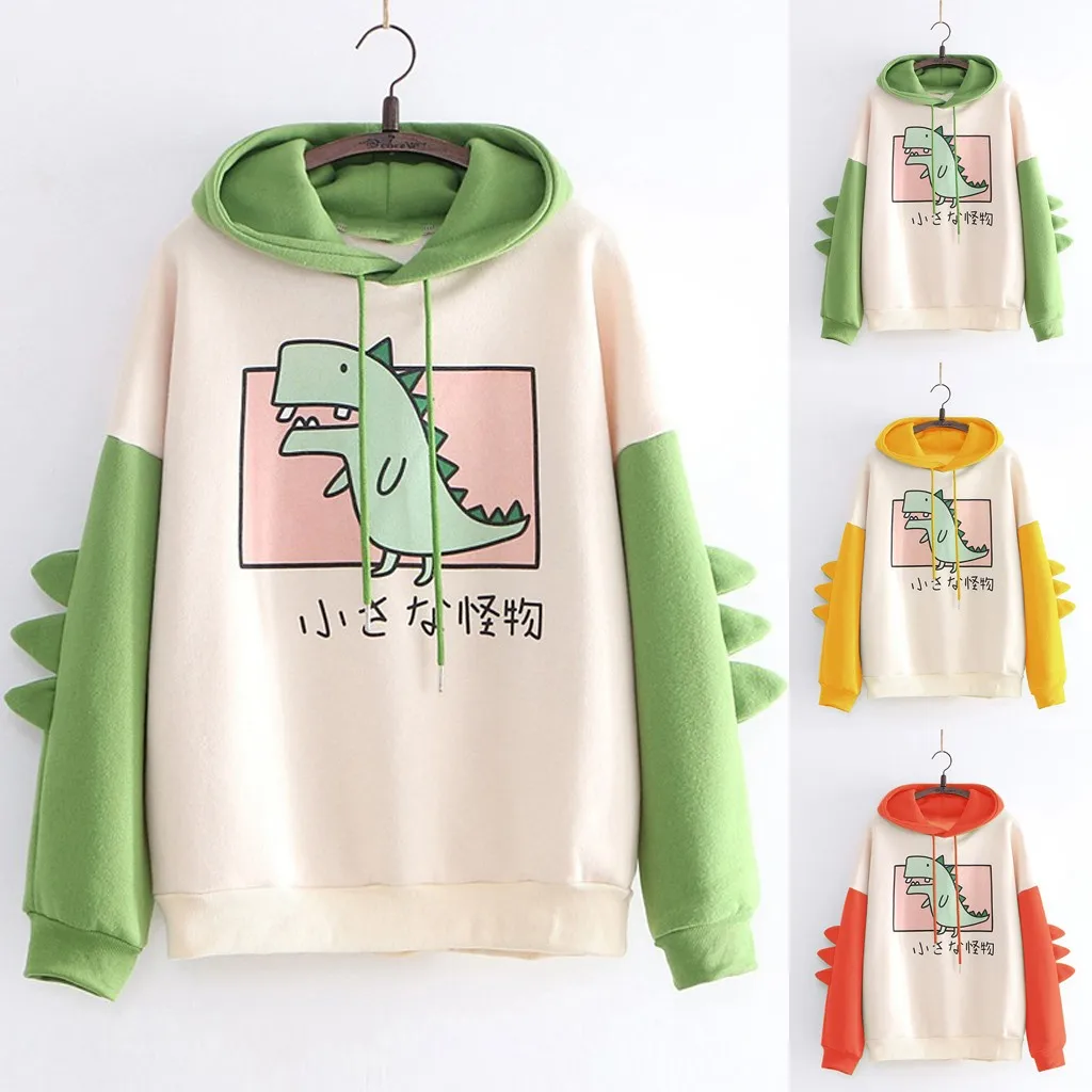 

Cute Cartoon Fashion Women Sweatshirt Casual Print Long Sleeve Splice Dinosaur hoodies Sweatshirt Tops Chandail
