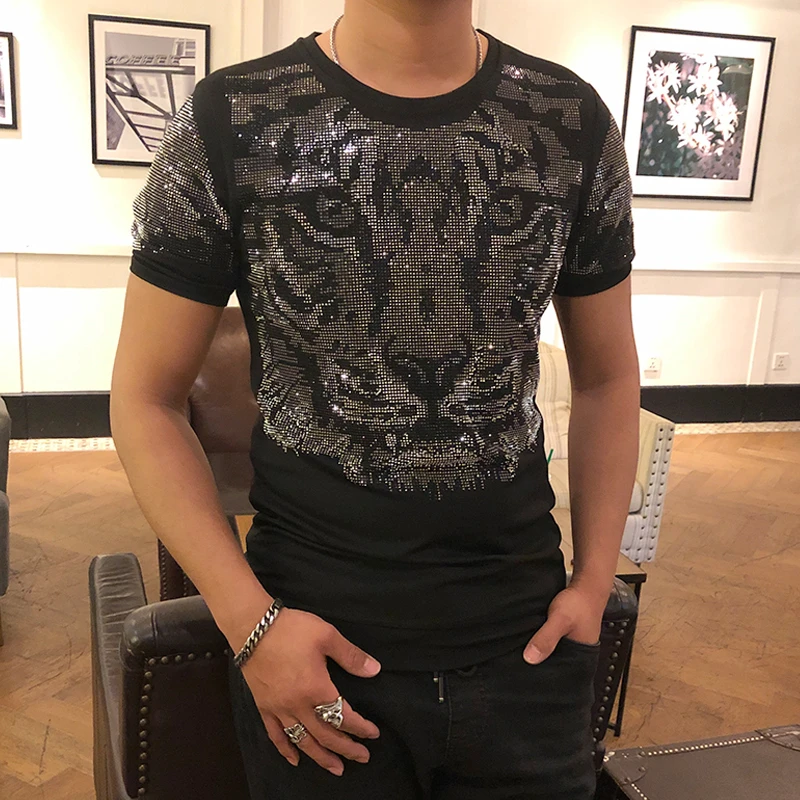 

Spring and summer tiger fashion rhinestone short sleeve high quality T-shirt men's 100% cotton
