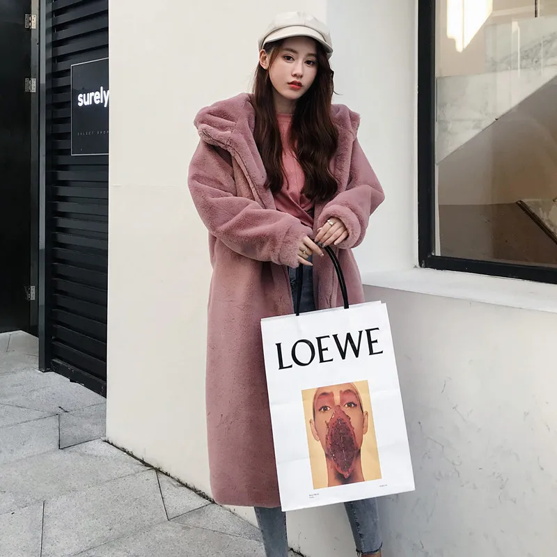 Зимнее новое пальто с искусственным кроличьим мехом длинное капюшоном толстое