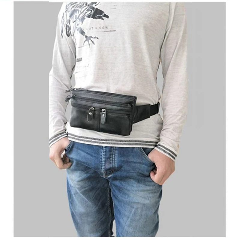 Забавная Мужская поясная сумка из 100% натуральной кожи черная сумочка на бедро